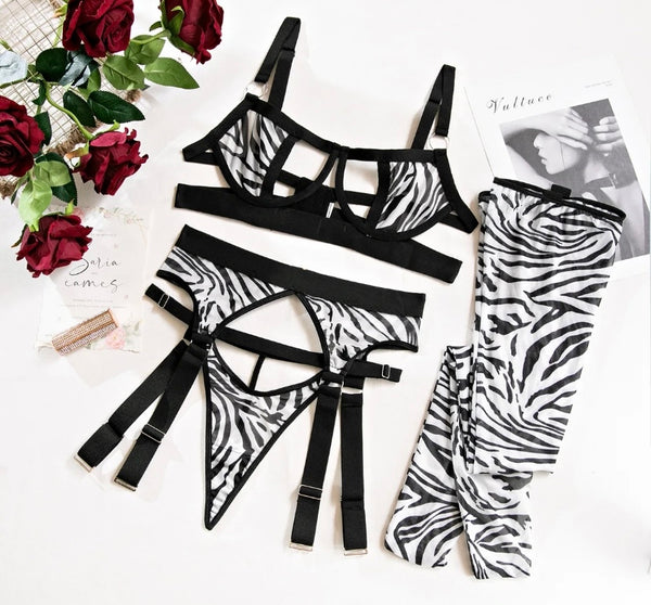 Women Sexy Zebra Print Stalking Lingerie Set