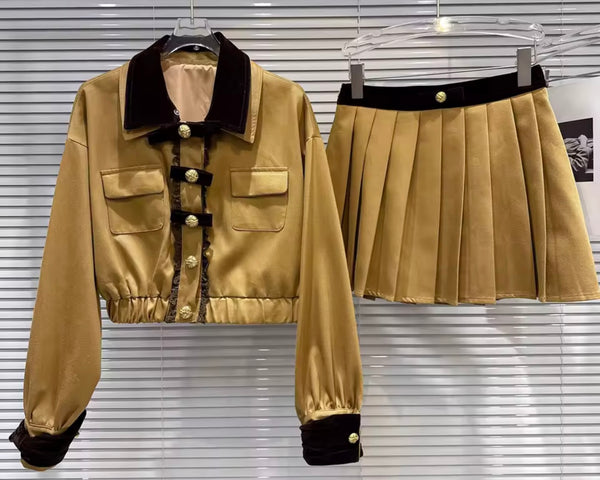Women Fashion Velour Jacket Two Piece Pleated Skirt Set