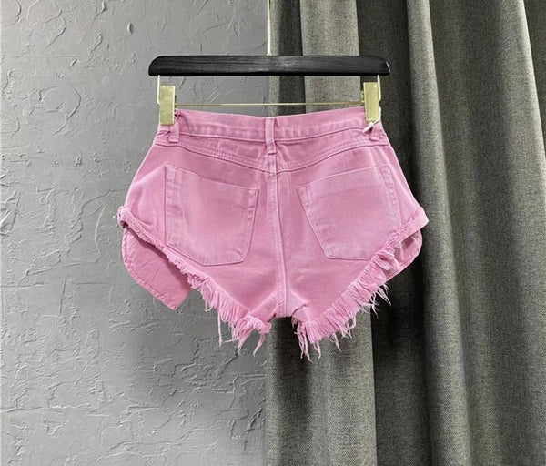 Women Color Fashion Ripped Denim Shorts