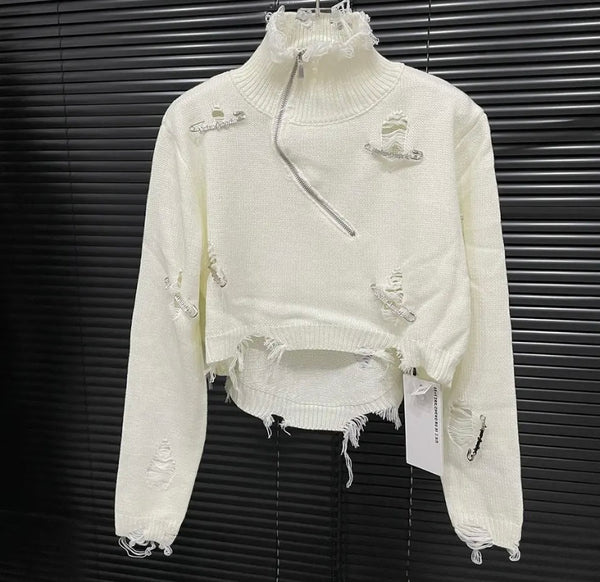 Women Fashion Zip Up Ripped Safety Pin Sweater Top