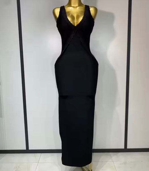 Women Sexy Ruffled Sleeveless Black Open Back Maxi Dress
