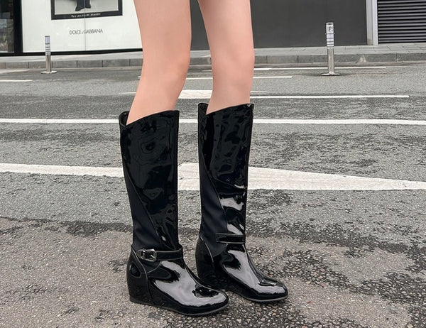 Women Fashion Buckle Platform Patent Leather Knee High Boots