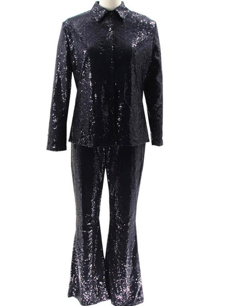 Women Black Button Up Full Sleeve Two Piece Fashion Sequins Pant Set
