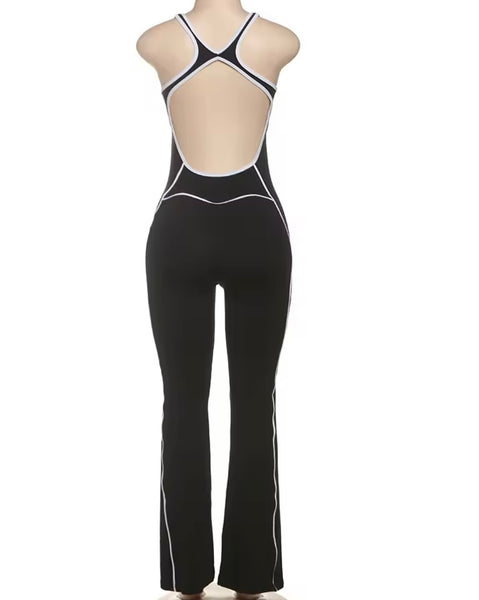 Women Sleeveless Striped Color Open Back Fashion Jumpsuit