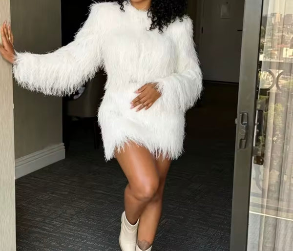 Women Sexy Faux Fur Full Sleeve Two Piece Skirt Set