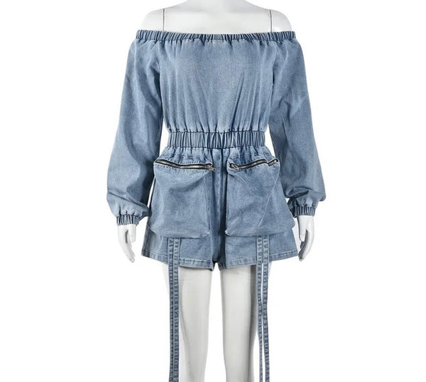 Women Sexy Off The Shoulder Full Sleeve Tie Up Denim Romper
