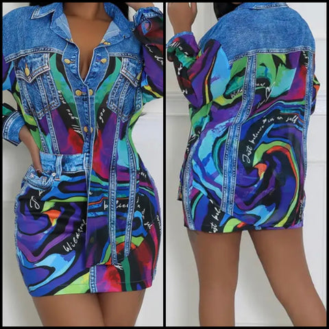 Women Sexy Full Sleeve Printed Denim Patchwork Two Piece Skirt Set