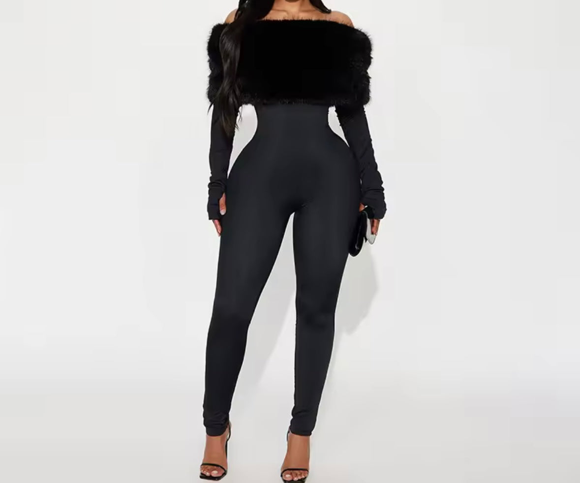 Women Fur Off The Shoulder Full Sleeve Fashion Jumpsuit