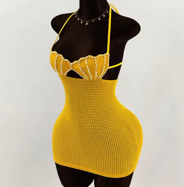 Women Sexy Sleeveless Pearl Halter Crochet Dress