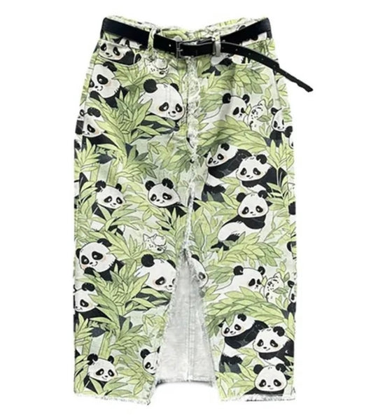 Women Fashion Panda Print Denim Long Skirt