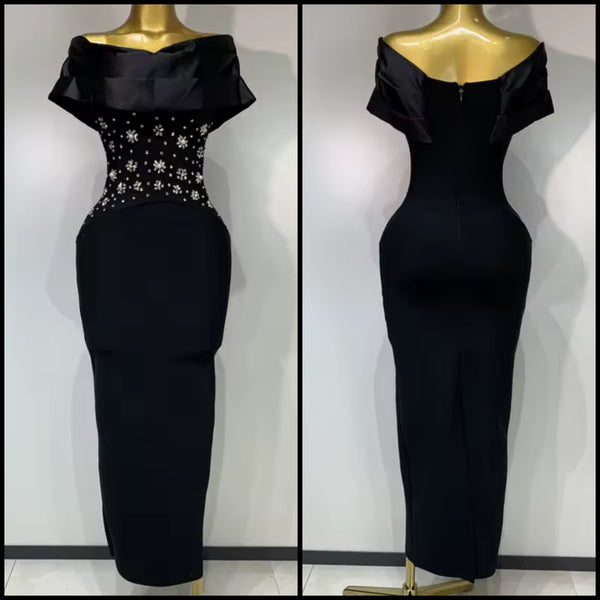 Women Off The Shoulder Floral Rhinestone Black Maxi Dress