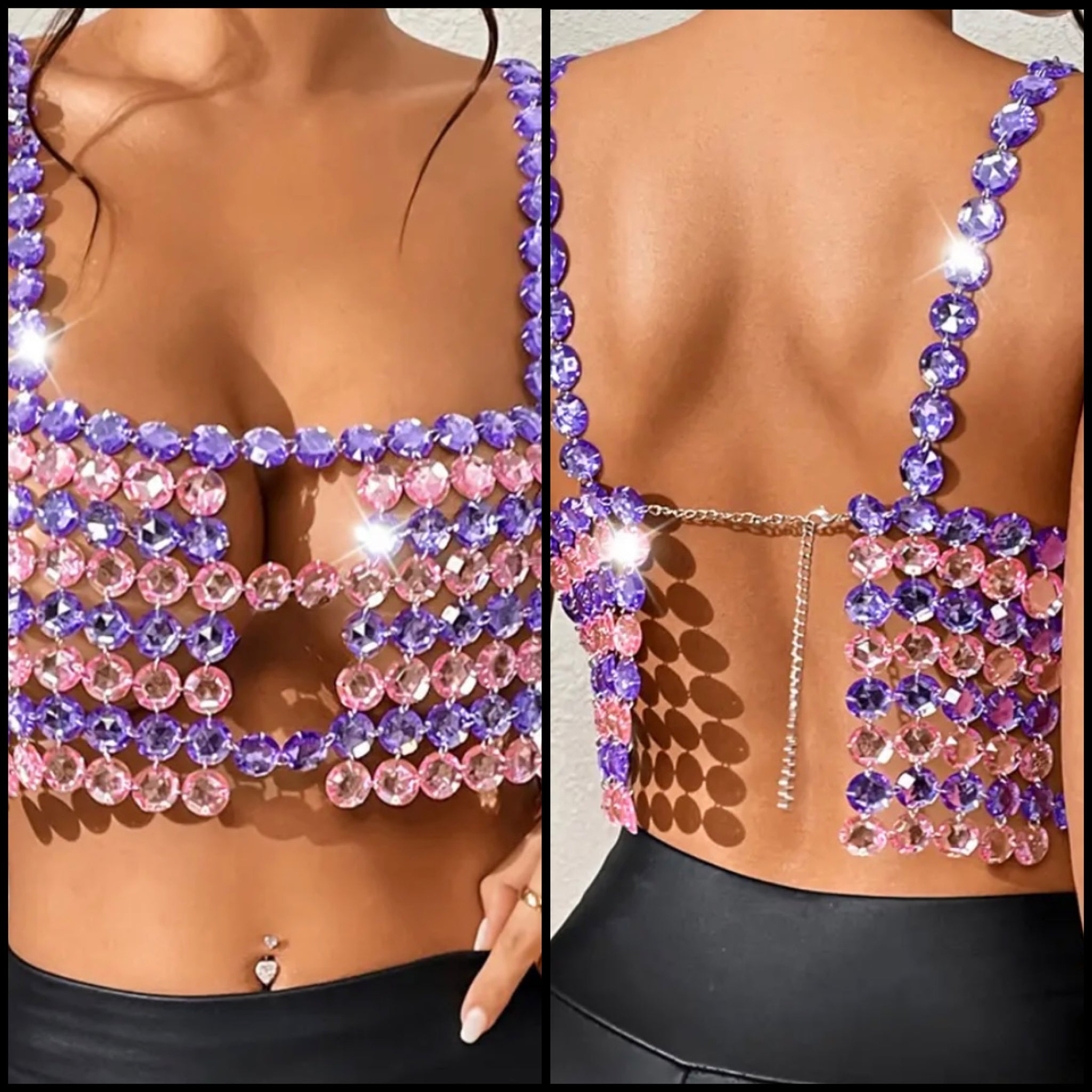 Women Sexy Color Patchwork Crystal Open Back Sleeveless Crop Top