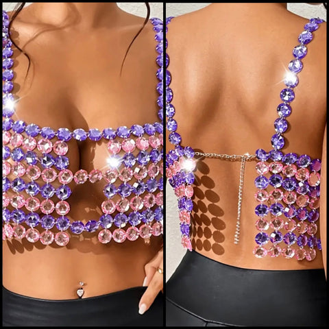 Women Sexy Color Patchwork Crystal Open Back Sleeveless Crop Top