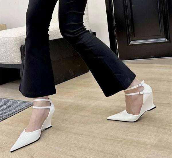 Women Pointed Toe Patent Leather Platform Ankle Strap Heels