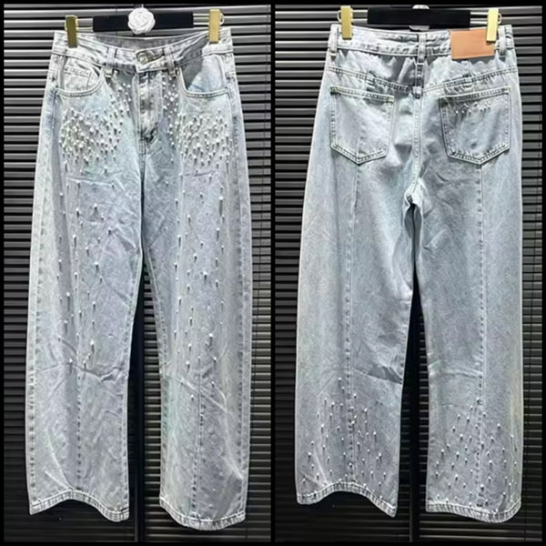 Women Fashion Blue Pearl Rhinestone Denim Pants