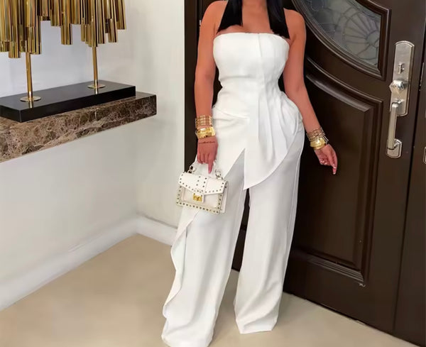 Women Strapless Ruched Asymmetrical Two Piece Pant Set