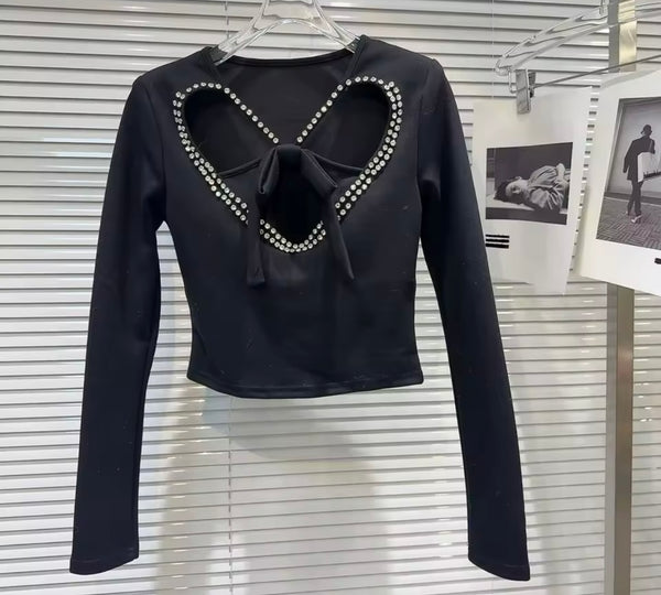 Women Black Bling Cut Out Heart Button Two Piece Short Set