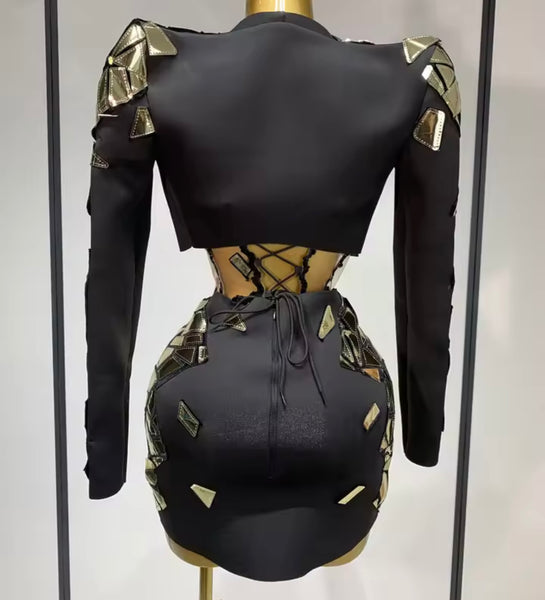 Women Sexy Metallic Color Patchwork Strapless Dress Jacket Set