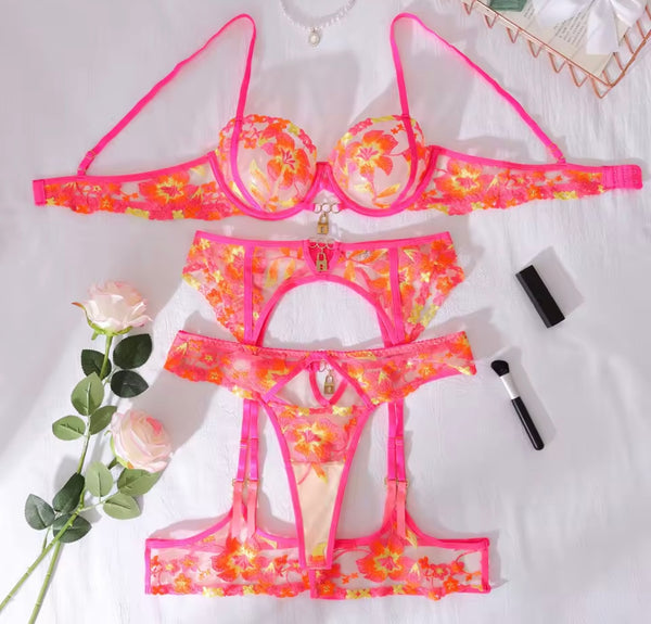 Women Pink Color Floral Print Mesh Sexy Lingerie Set