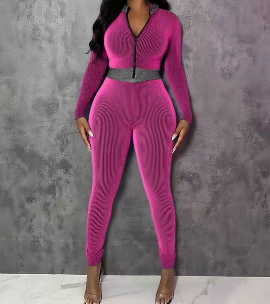 Women Zip Up Striped Full Sleeve Fashion Two Piece Pant Set
