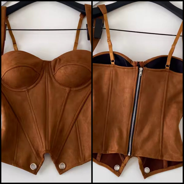 Women Brown Sleeveless Suede Top