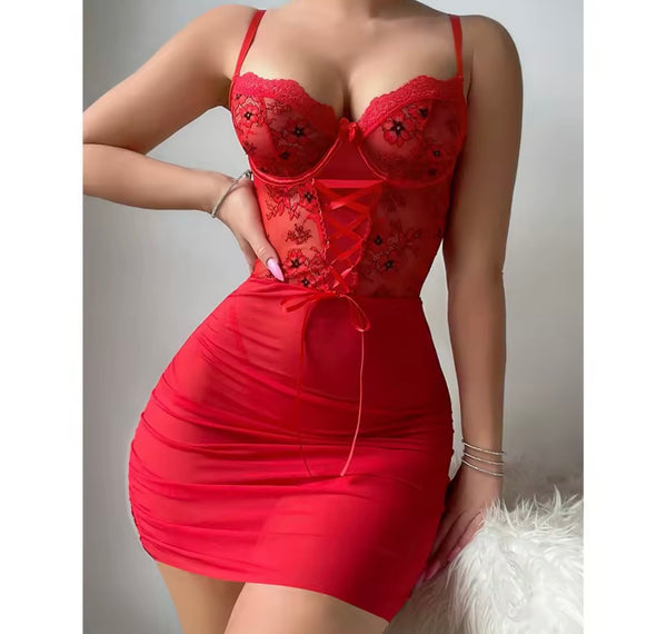 Women Red Sleeveless Sexy Floral Mesh Nightgown Lingerie