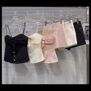 Women Sleeveless Bow Color Two Piece Short Set