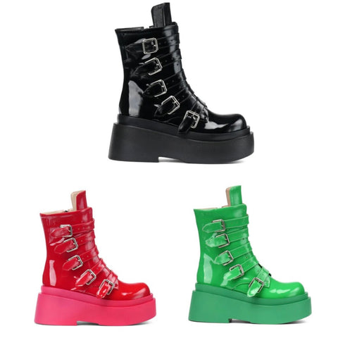 Women Color Patent Leather Buckled Platform Fashion Boots