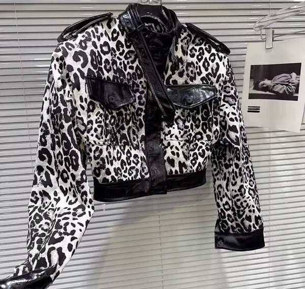 Women Fashion Animal Print PU Patchwork Jacket