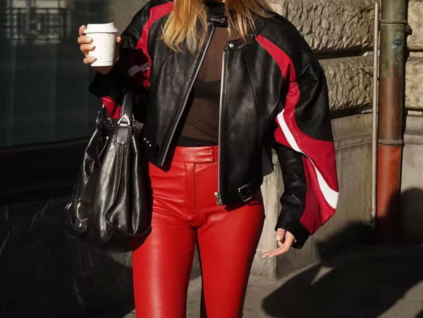 Women Fashion Black Color Block Faux Leather Buckled Zip Up Jacket