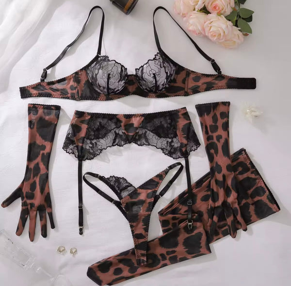 Women Sexy Lace Leopard Print Glove Lingerie Set