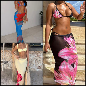 Women Sexy Halter Floral Mesh Bikini Cover Up Set