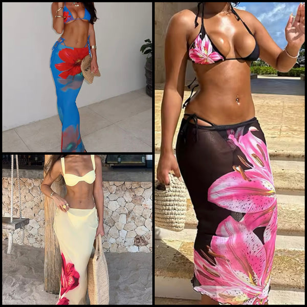 Women Sexy Halter Floral Mesh Bikini Cover Up Set