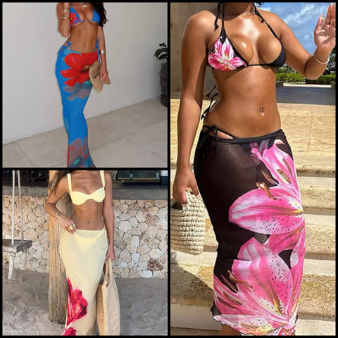 Women Sexy Halter Floral Mesh Bikini Cover Up Set