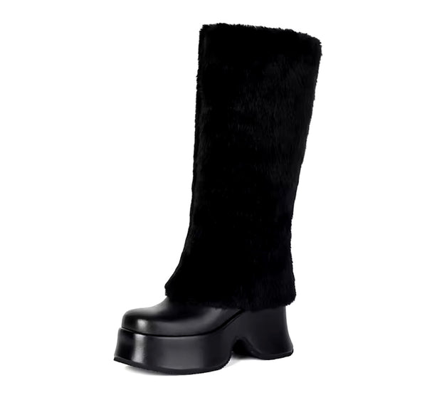 Women Color Fashion Furry Faux Leather Platform Knee High Boots