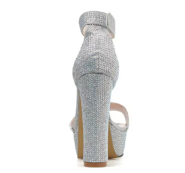 Women Fashion Silver Sparkly Platform High Heel Sandals