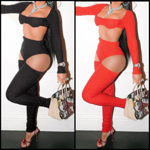 Women Sexy Full Sleeve Crop Cut Out Two Piece Pant Set