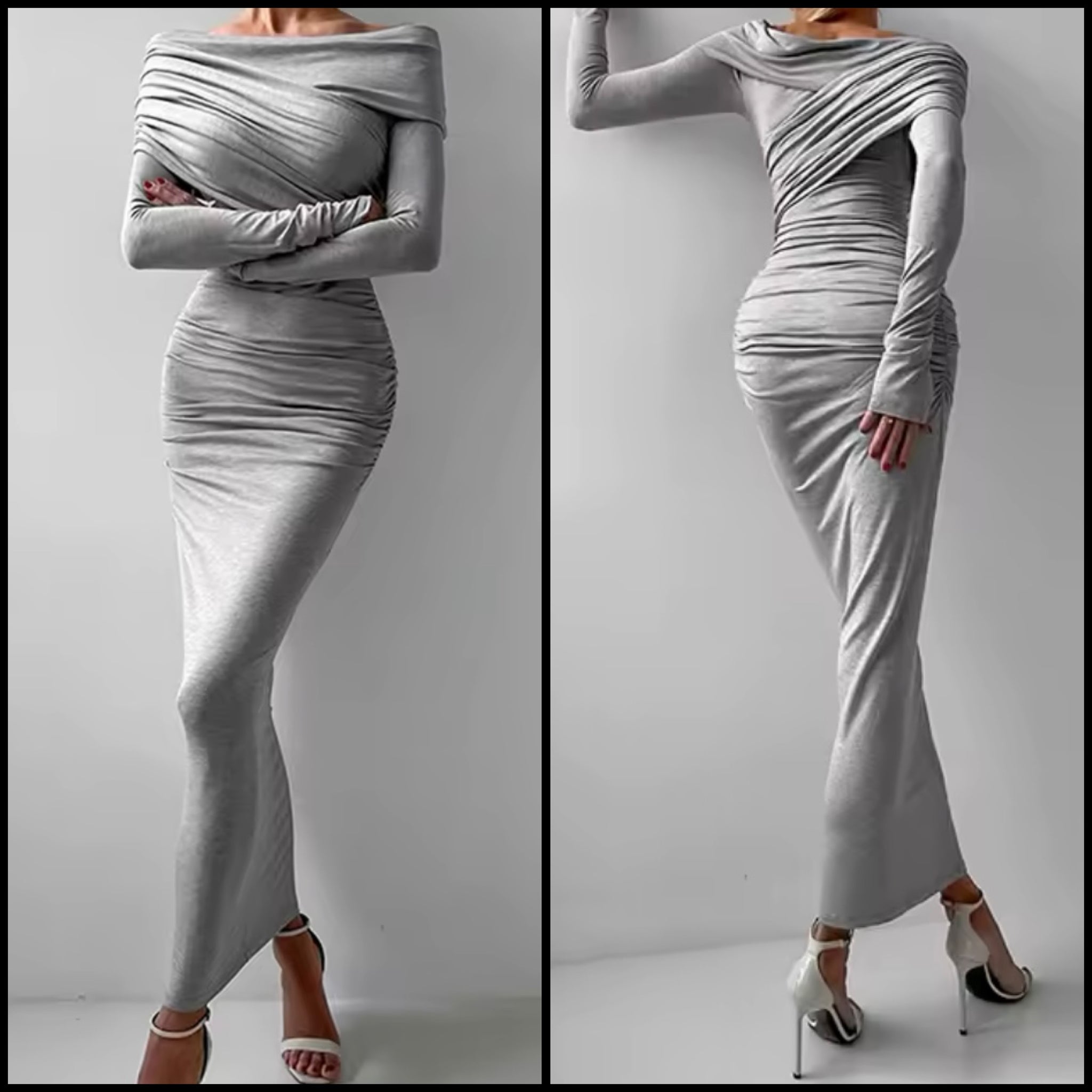 Women Sexy Gray Off The Shoulder Ruched Full Sleeve Dress