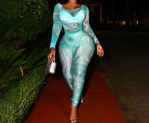 Women Printed Mesh Full Sleeve Fashion Two Piece Pant Set