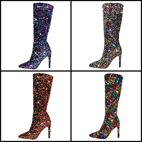 Women Mixed Color Sequins Knee High Boots