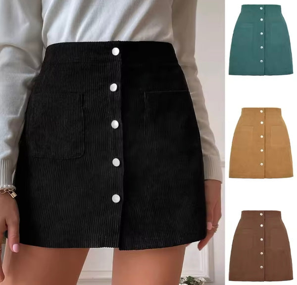 Women Color Button Up Corduroy Fashion Skirt