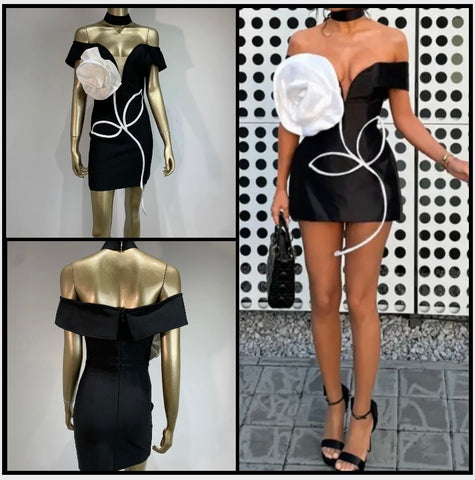 Women Sexy Black Off The Shoulder 3D Floral Print Dress