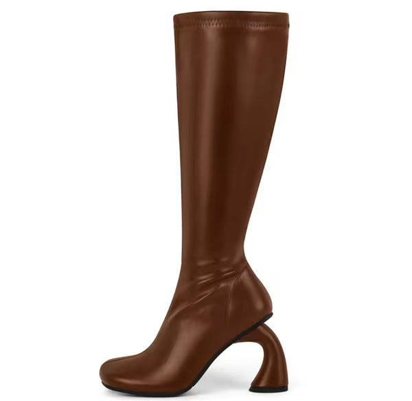 Women Color Square Toe Fashion Knee High Shaped Heel Boots