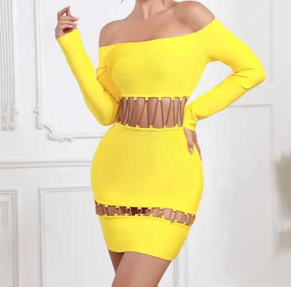 Women Yellow Sexy Chain Cut Out Full Sleeve Dress