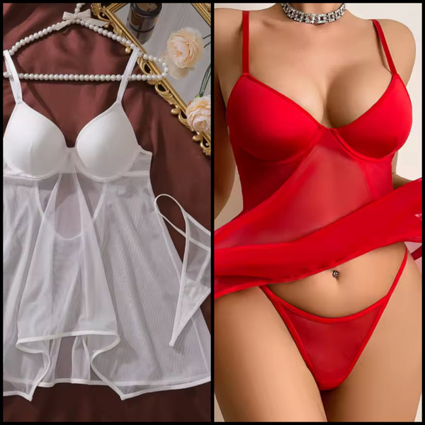 Women Sexy Solid Color Open Back Mesh Nightgown Lingerie Set