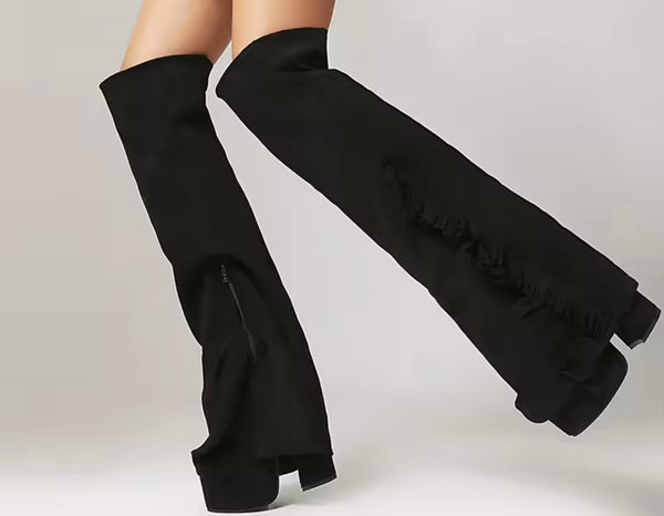 Women Black Fringe Fashion Knee High Platform Boots