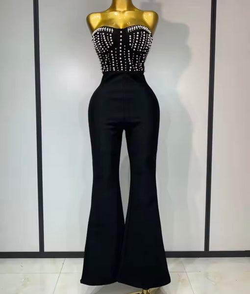 Women Sexy Strapless Black Beaded Patchwork Jumpsuit