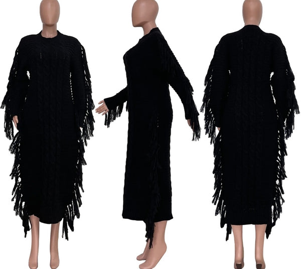 Women Full Sleeve Fringe Fashion Sweater Maxi Dress