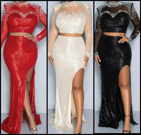 Women Sexy Bling Mesh Patchwork Sequins Full Sleeve Two Piece Maxi Skirt Set