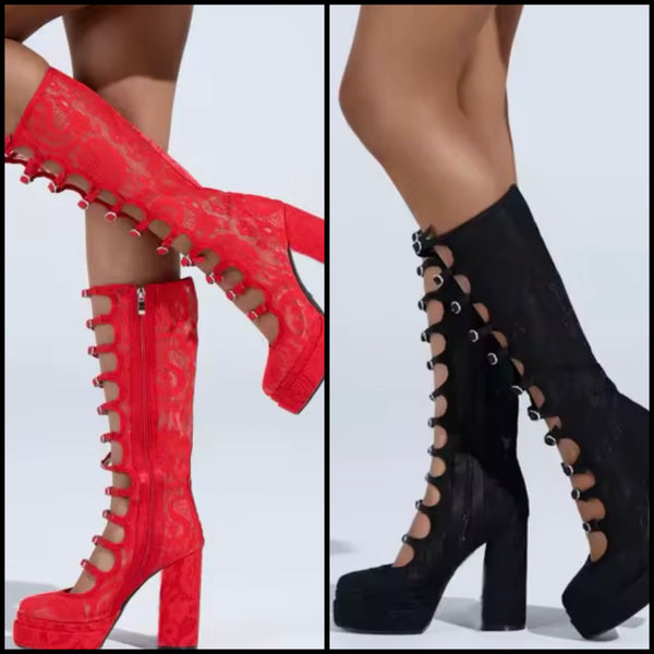 Women Color Fashion Lace Platform Knee High Boots